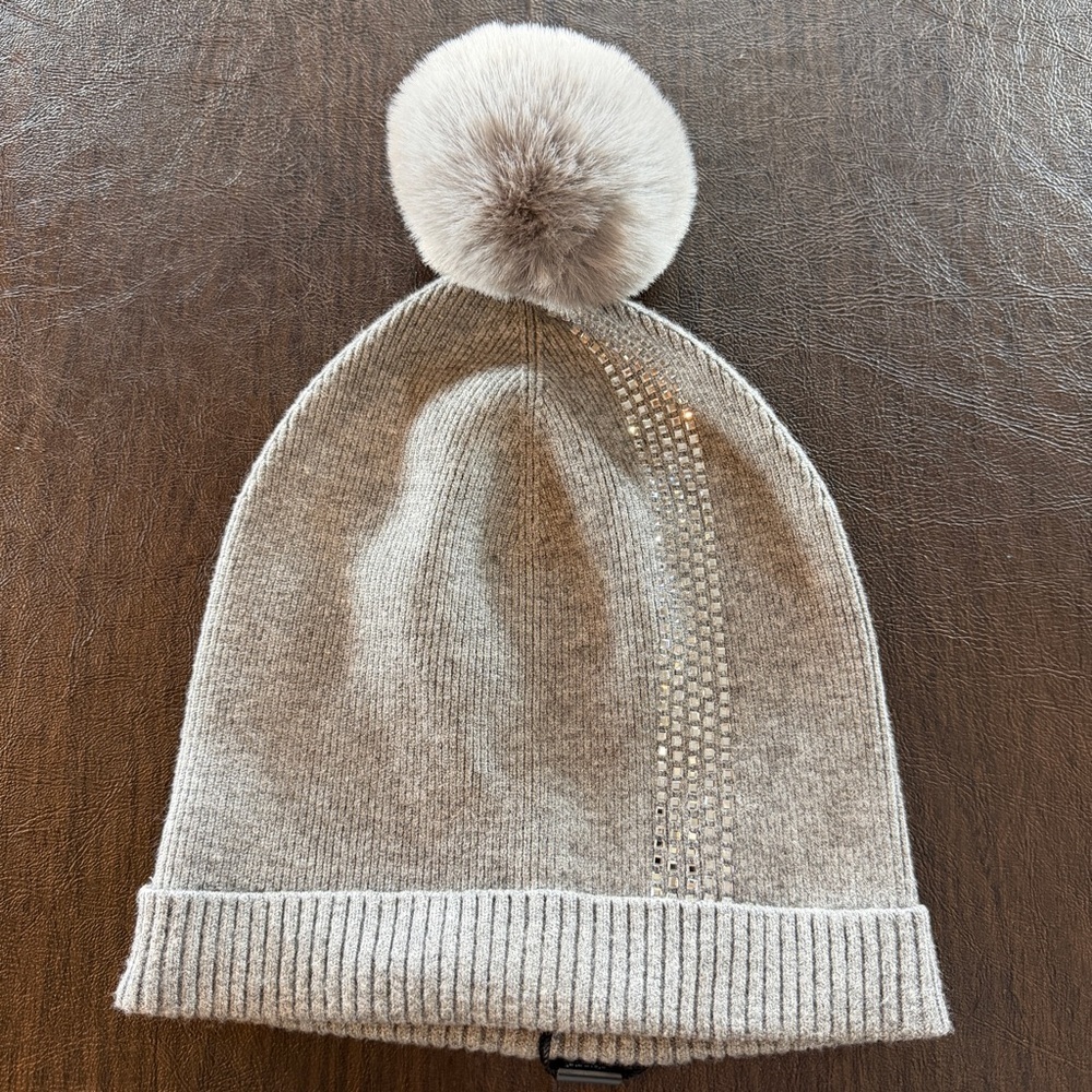Cozy Gray Pom-Pom and Rhinestone Beanie by Chicos. New with Tags